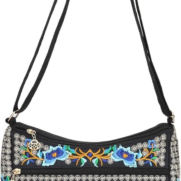 Embroidered Canvas 3 zip Small Crossbody Bag Cell Phone Purse Shoulder Wallet Ha - Picture 6 of 6